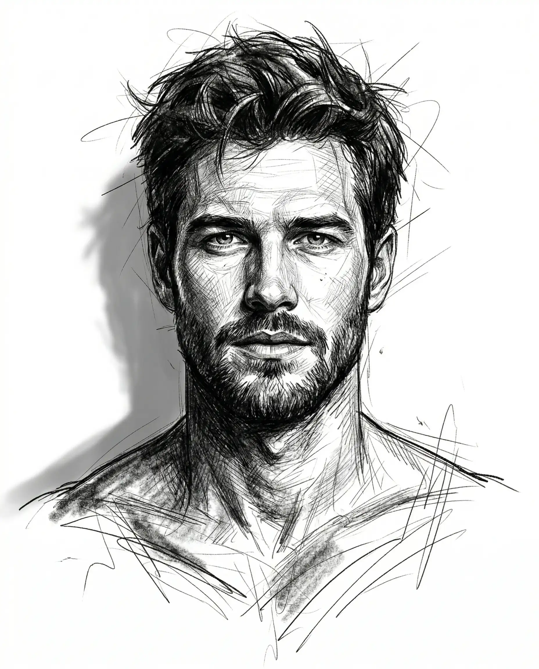 Man Sketch AI Photo Editing Prompt. AI generated pencil sketch portrait of a handsome man with messy hair and a beard featuring expressive cross-hatching and artistic charcoal lines.