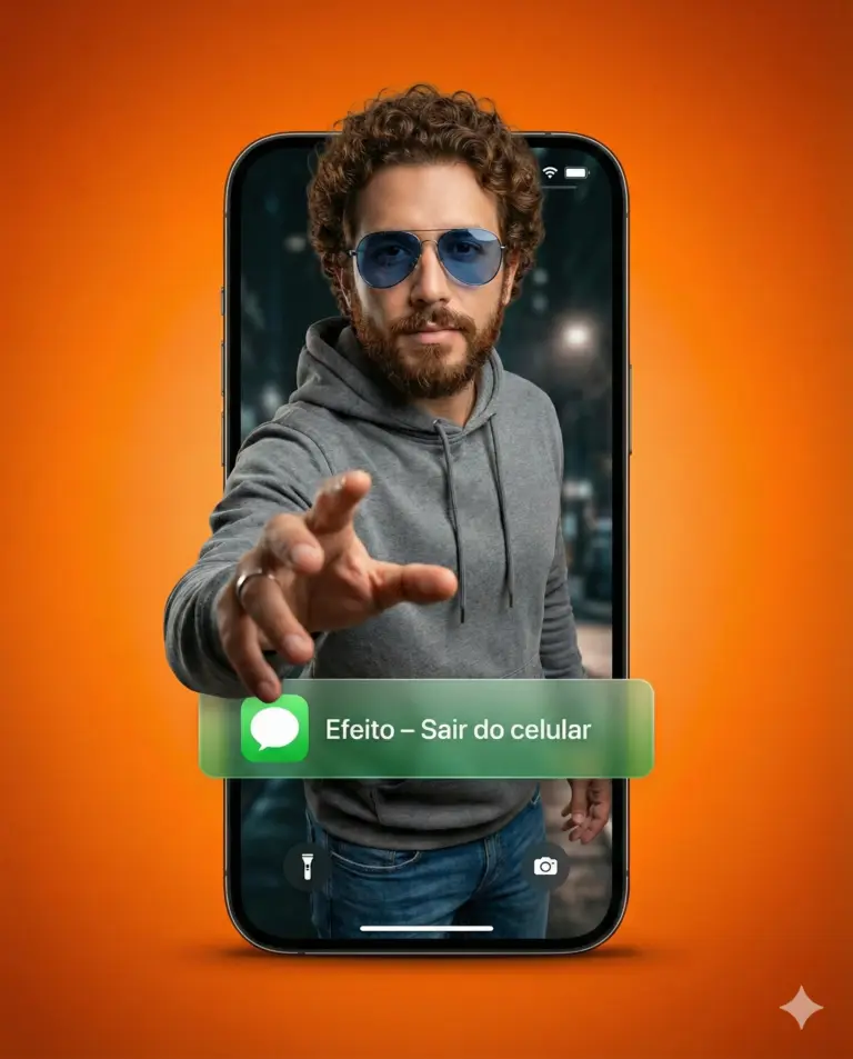 Man Emerging Smartphone AI Photo Editing Prompt. AI generated digital illustration of a bearded man in a grey hoodie reaching out from a mobile phone screen against an orange background.