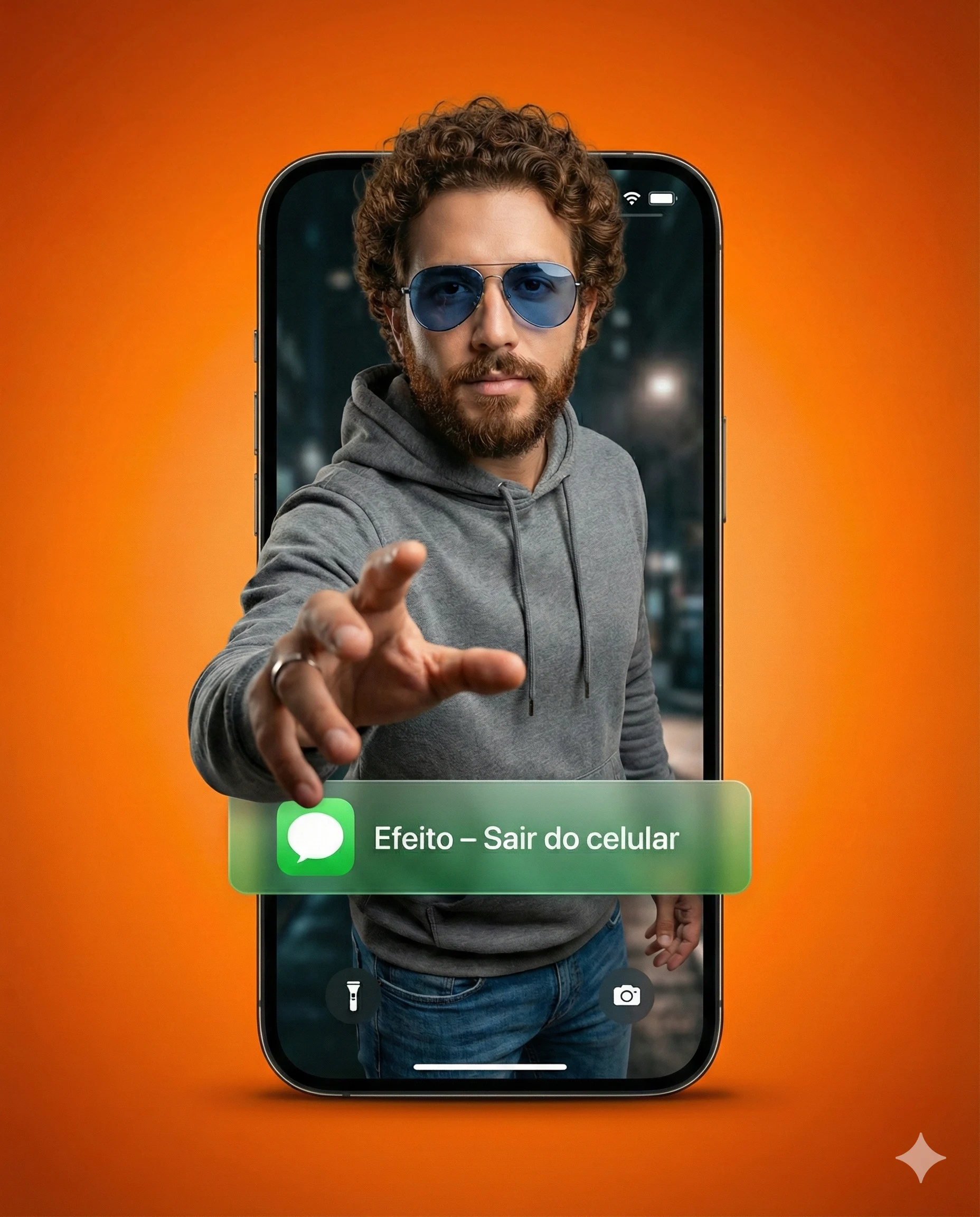 Man Emerging Smartphone AI Photo Editing Prompt. AI generated digital illustration of a bearded man in a grey hoodie reaching out from a mobile phone screen against an orange background.