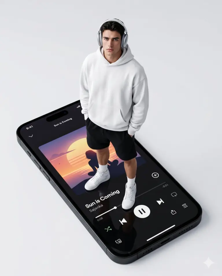 Man on phone screen AI Photo Editing Prompt. AI generated digital illustration of a full-body man with headphones, white hoodie, and black shorts, standing on a massive smartphone screen that displays a music player interface.