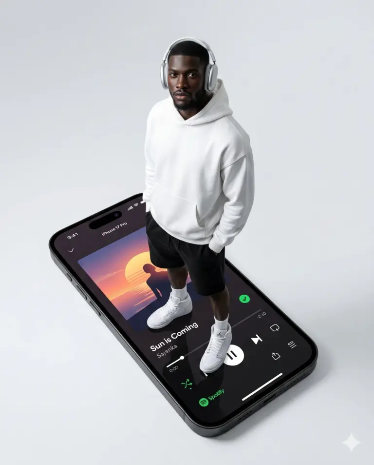 Man on Giant Music Smartphone AI Photo Editing Prompt. AI generated conceptual digital illustration of a man in a white hoodie and headphones standing atop a massive iPhone screen displaying a music player interface.