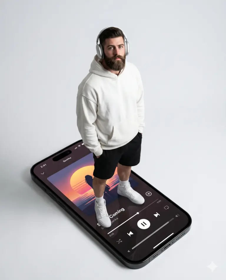 AI generated conceptual digital illustration of a man in a white hoodie and headphones standing on a massive smartphone screen displaying a music player interface.
