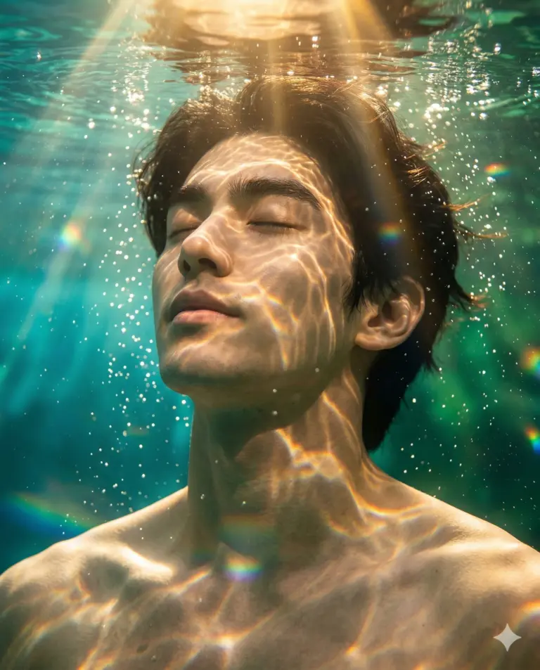 Man Submerged in Sunlit Water AI Photo Editing Prompt. AI generated cinematic underwater portrait of a young man with sunlight and shimmering ripples reflecting on his face in teal water.