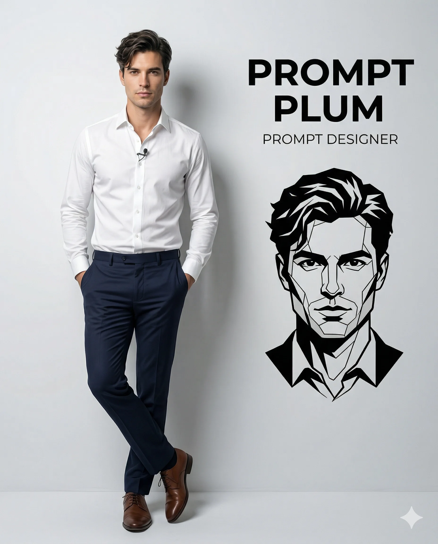 Professional Man with Brand Logo AI Photo Editing Prompt. AI generated digital illustration and portrait of a stylish man in a white shirt leaning against a wall next to bold branding and a black and white vector face illustration.