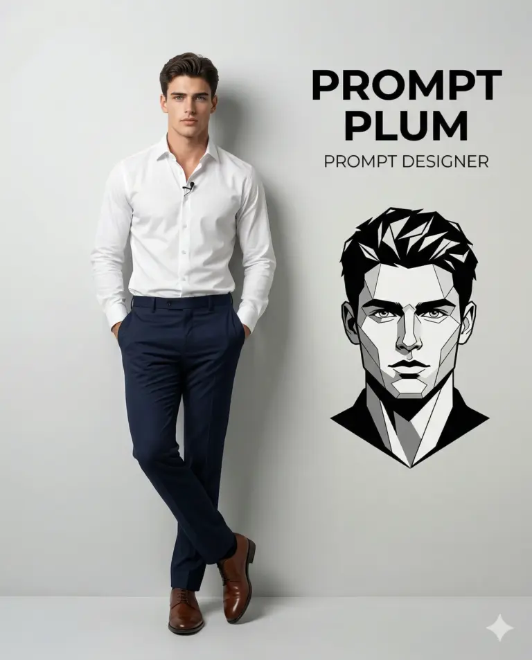 Man with Vector Face Art AI Photo Editing Prompt. AI generated digital illustration portrait of a stylish young man in a white shirt leaning against a wall next to a geometric headshot logo and text.