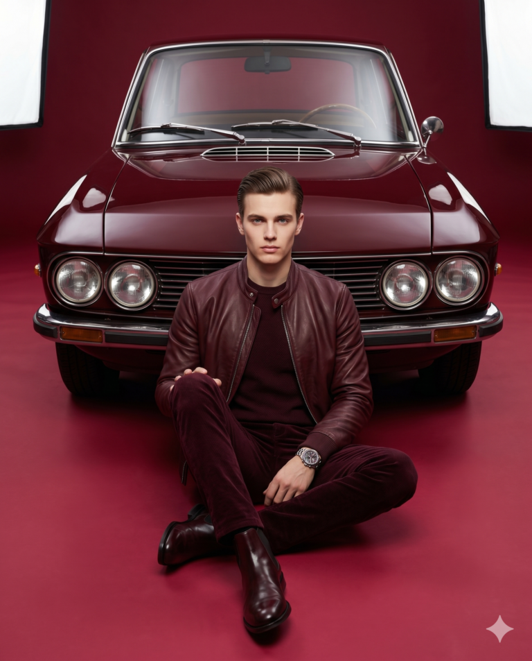 AI generated studio portrait of a stylish man in a burgundy leather jacket and matching apparel sitting cross-legged in front of a classic vintage car.
