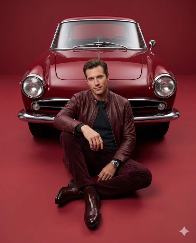 Man with Burgundy Vintage Car AI Photo Editing Prompt. AI generated studio portrait of a stylish man in a burgundy leather jacket sitting in front of a matching classic vintage car.