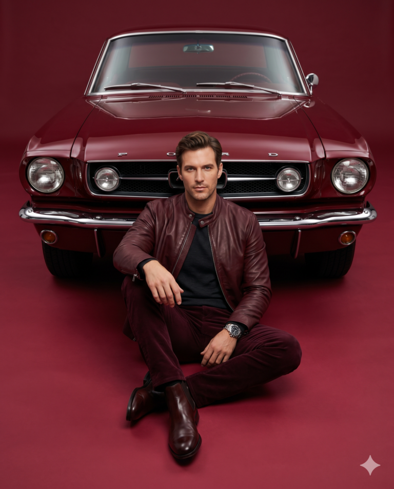 Man with Vintage Red Mustang AI Photo Editing Prompt. AI generated studio portrait of a stylish man in a maroon leather jacket and corduroy pants sitting cross-legged in front of a classic red Ford Mustang against a matching monochrome background.