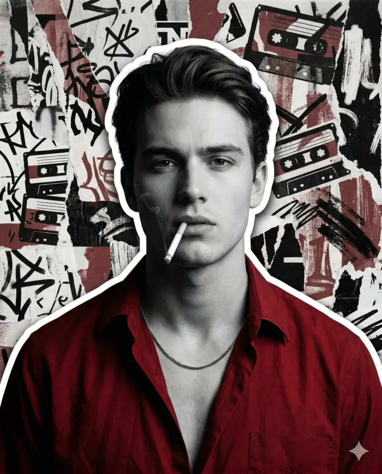 Young Man with Cigarette Collage AI Photo Editing Prompt. AI generated digital illustration of a man in a red shirt with a cigarette against a mixed-media background of graffiti, cassette tapes, and torn paper.