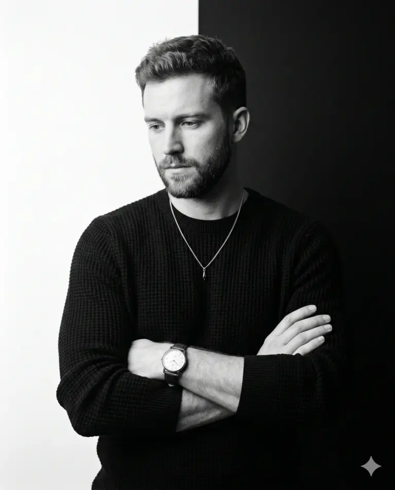 Pensive Man in Black Sweater AI Photo Editing Prompt. AI generated high-contrast studio portrait of a pensive, man with a downward, contemplative gaze, wearing a textured black sweater and wristwatch with crossed arms against a split background.