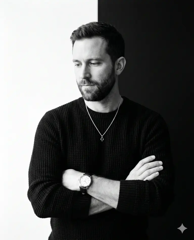 Man Monochrome Portrait AI Photo Editing Prompt. AI generated minimalist studio portrait of a man with crossed arms wearing a textured sweater and wristwatch against a split background.