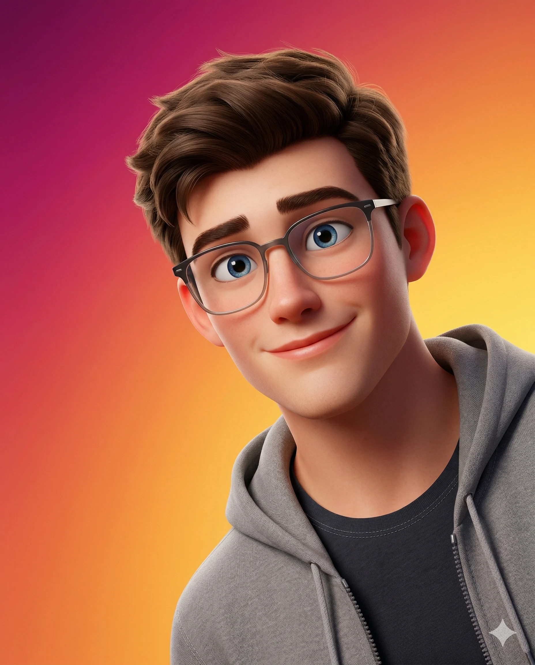 Man in Glasses and Hoodie AI Photo Editing Prompt. AI generated 3D digital illustration portrait of a young man with brown hair and glasses wearing a grey hoodie against a vibrant gradient background.