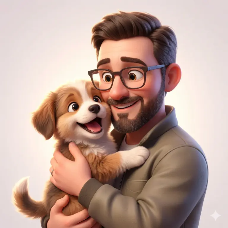 Man Hugging Puppy AI Photo Editing Prompt. AI generated 3D digital illustration of a smiling man with glasses and a beard hugging a cute, fluffy brown and white puppy.