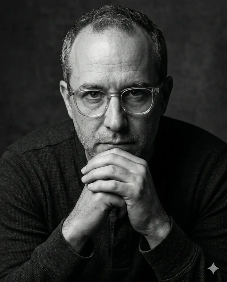 Man with Glasses and Clasped Hands AI Photo Editing Prompt. AI generated black and white studio portrait of a bearded man wearing clear glasses with his hands clasped under his chin.