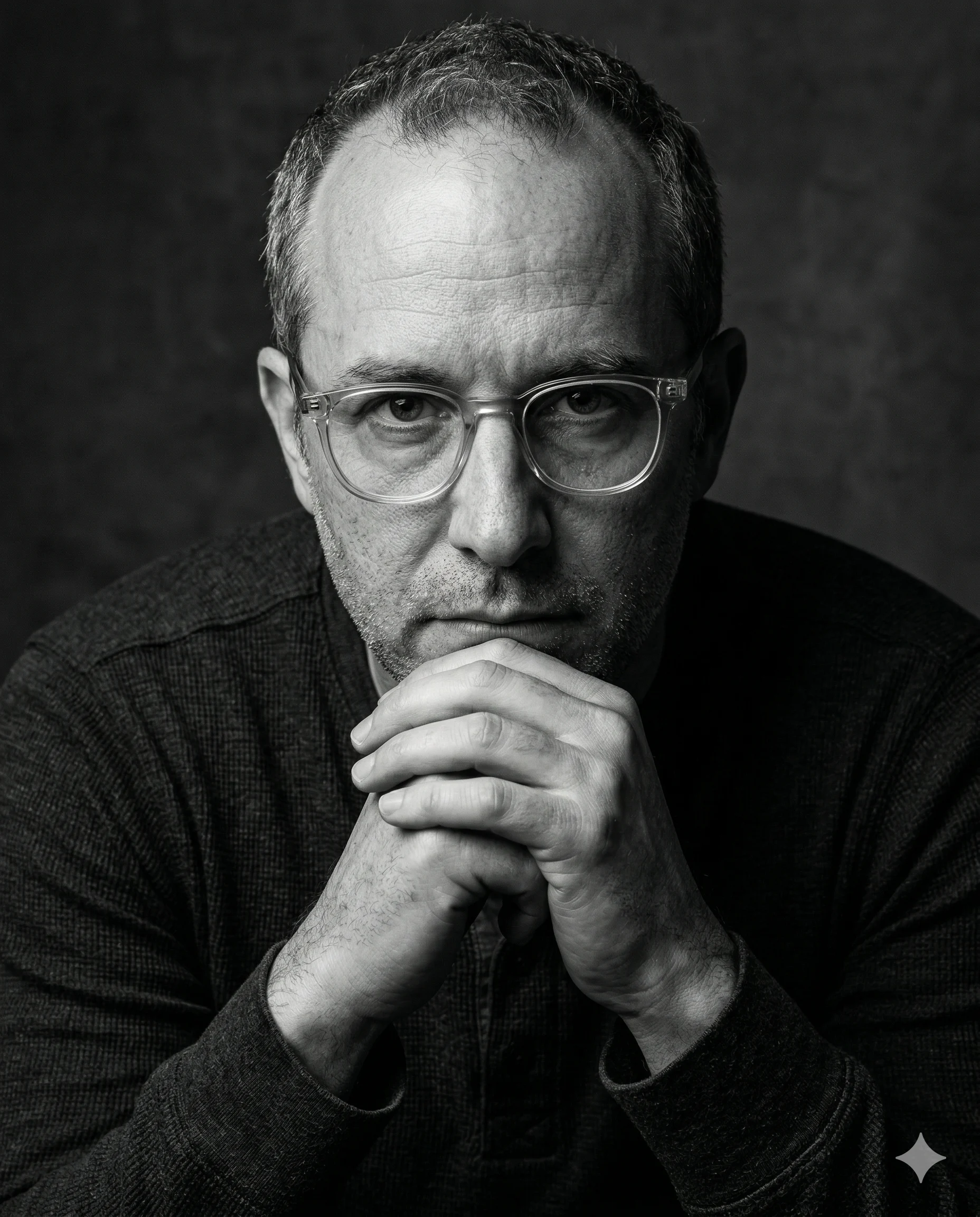 Man with Glasses and Clasped Hands AI Photo Editing Prompt. AI generated black and white studio portrait of a bearded man wearing clear glasses with his hands clasped under his chin.