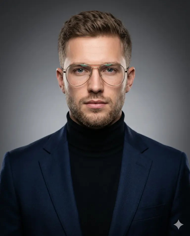 AI generated studio portrait of a man wearing wire-rimmed glasses, a black turtleneck, and a dark blue blazer.