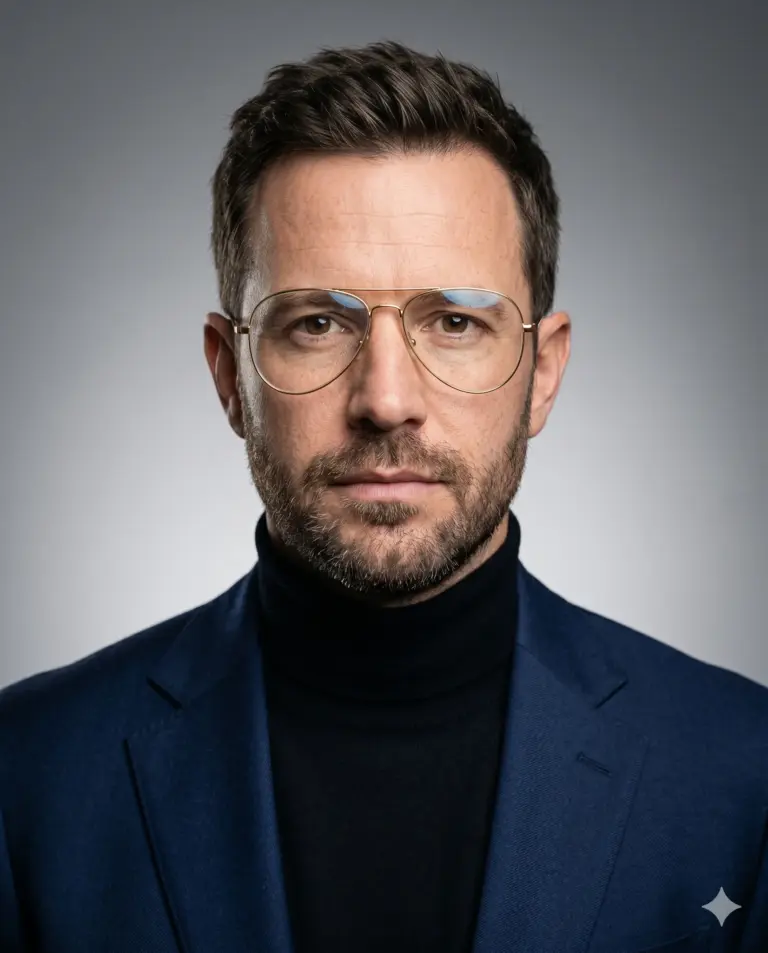 Man in Navy Blazer AI Photo Editing Prompt. AI generated studio portrait of a bearded man wearing wire-rimmed glasses, a black turtleneck, and a navy blue suit jacket against a neutral background.