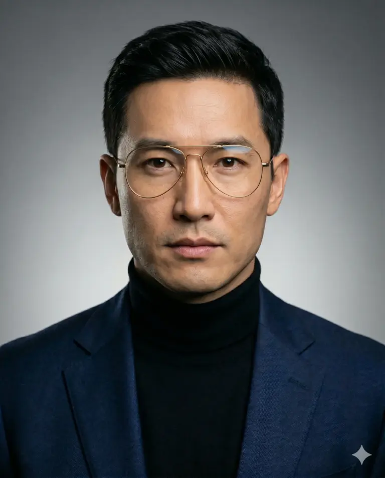 Professional Man in Glasses AI Photo Editing Prompt. AI generated studio portrait of an Asian man wearing a navy blue blazer, black turtleneck, and gold wire glasses.