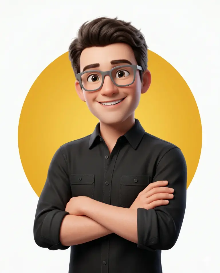 3D Male Avatar in Black Shirt AI Photo Editing Prompt. AI generated 3D digital illustration of a smiling young man with glasses and crossed arms standing against a yellow circular backdrop.