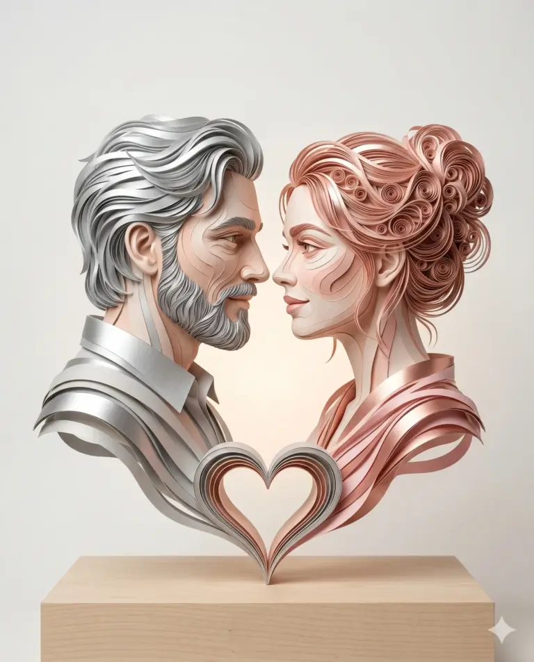 Man and Woman Heart Paper Sculpture AI Photo Editing Prompt. AI generated layered papercut art of a couple facing each other with a central heart-shaped design.