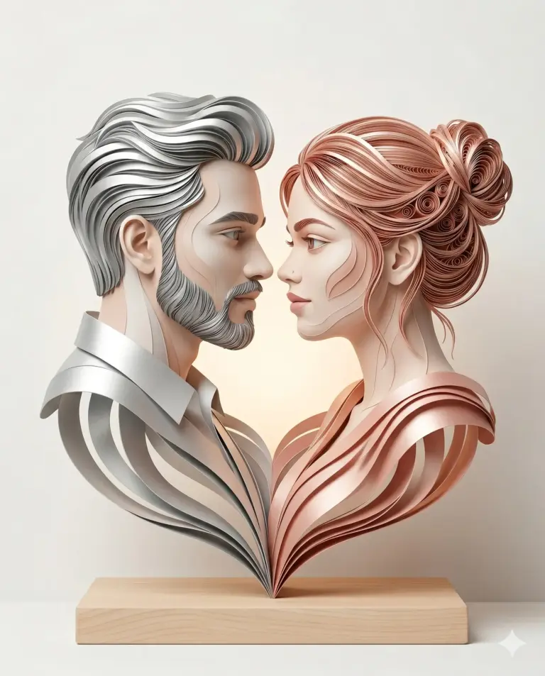 AI generated 3D papercut art of a man and woman in profile forming a heart shape on a wooden base.