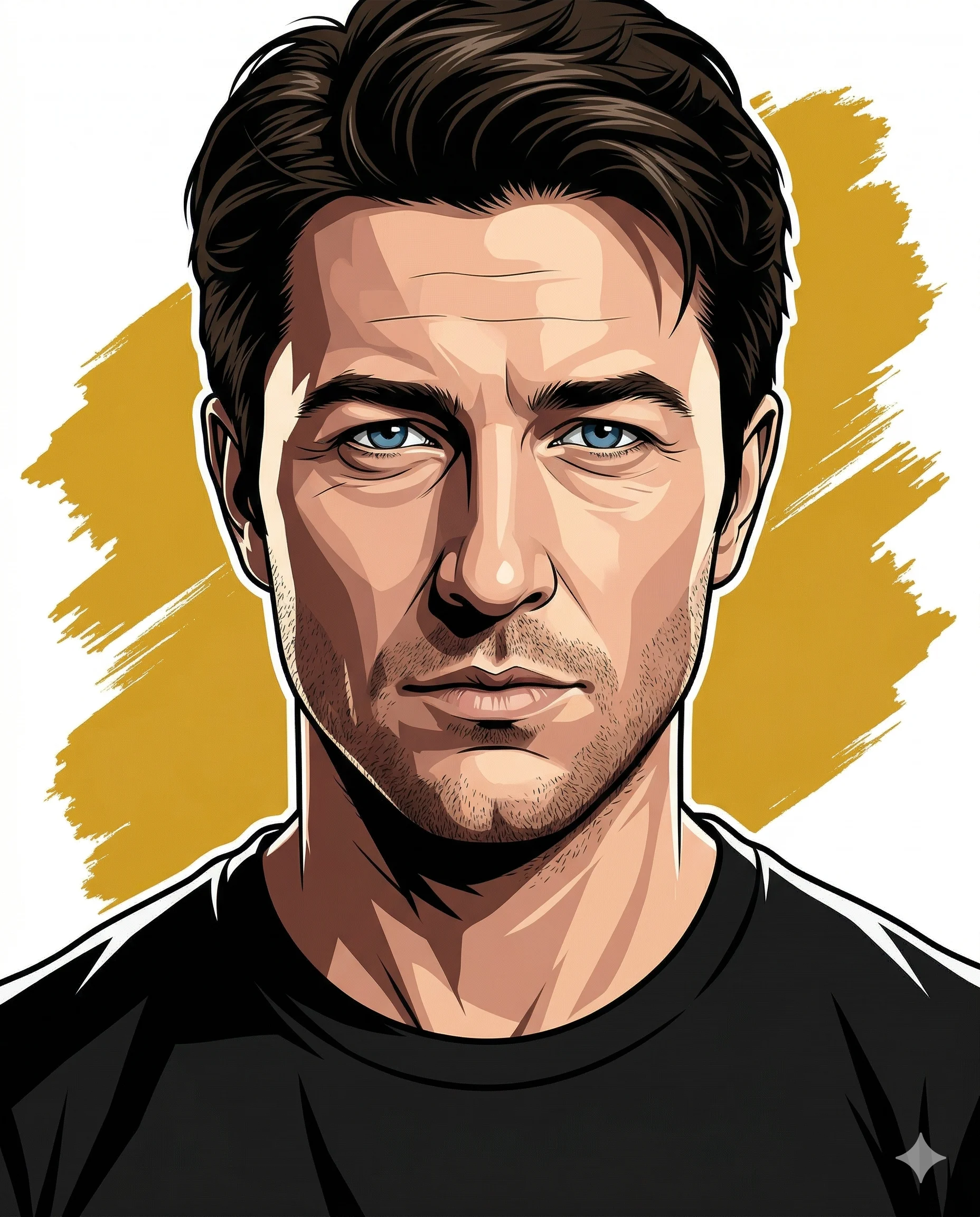 AI generated digital illustration of a dark-haired man with blue eyes wearing a black t-shirt against a yellow brushstroke background.