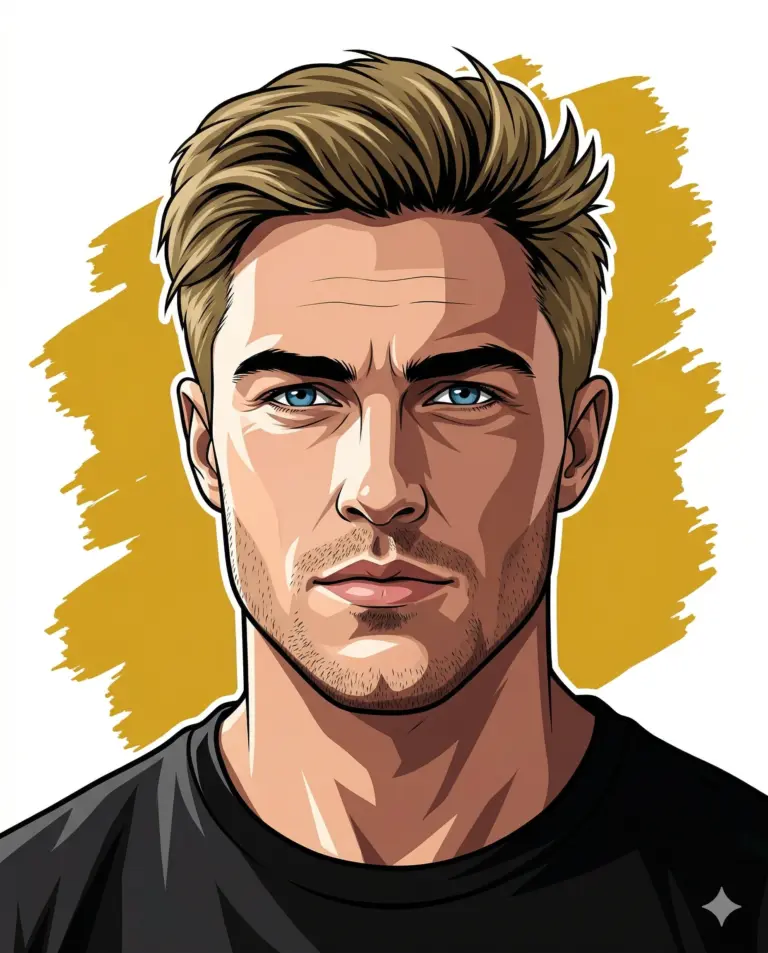 Man Vector Portrait AI Photo Editing Prompt. AI generated digital illustration of a blonde man with blue eyes and light stubble against a yellow paint-stroke background.