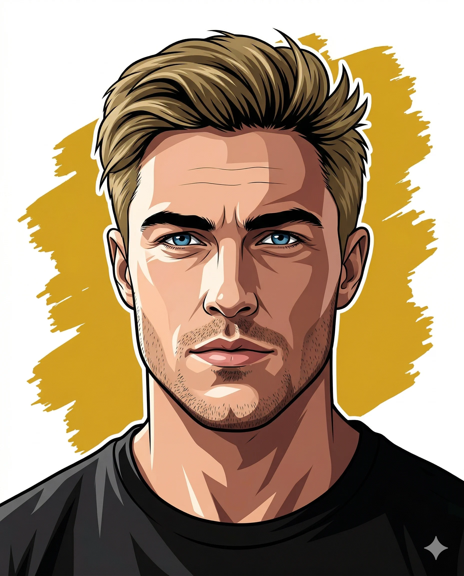 Man Vector Portrait AI Photo Editing Prompt. AI generated digital illustration of a blonde man with blue eyes and light stubble against a yellow paint-stroke background.