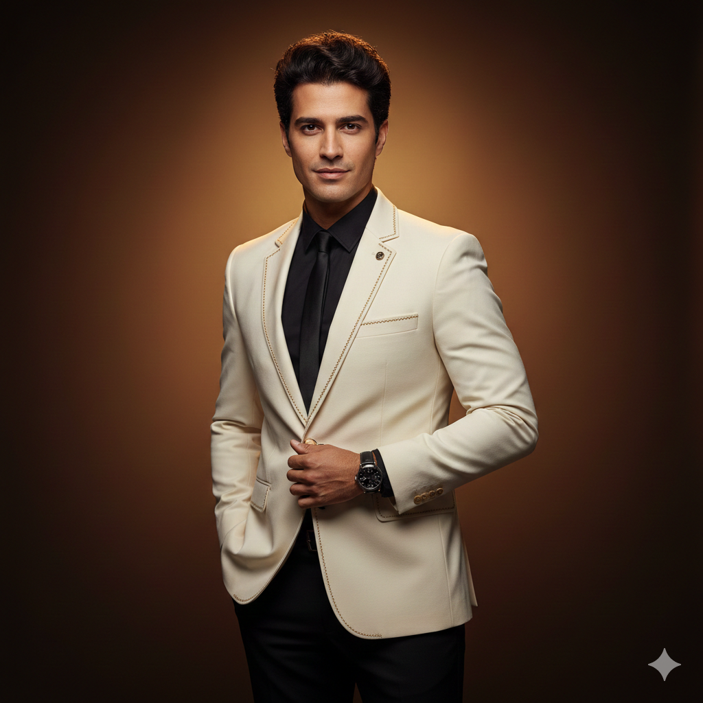 A handsome man in a cream blazer and black shirt poses confidently against a warm brown background.