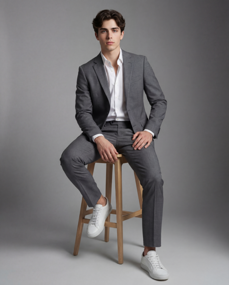 Full body shot of a young man sitting on a wooden stool wearing a charcoal grey suit, open-collar white shirt, and white leather sneakers against a grey backdrop.