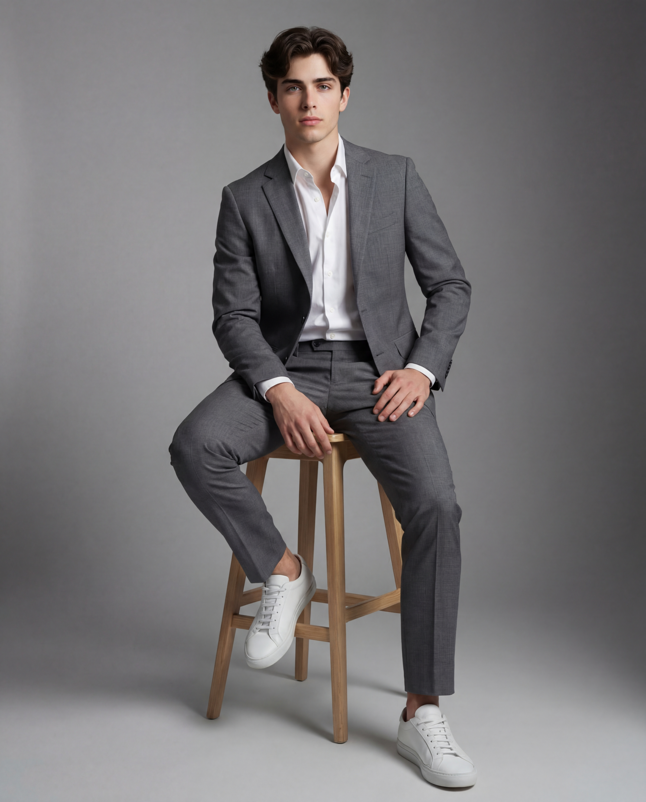 Full body shot of a young man sitting on a wooden stool wearing a charcoal grey suit, open-collar white shirt, and white leather sneakers against a grey backdrop.