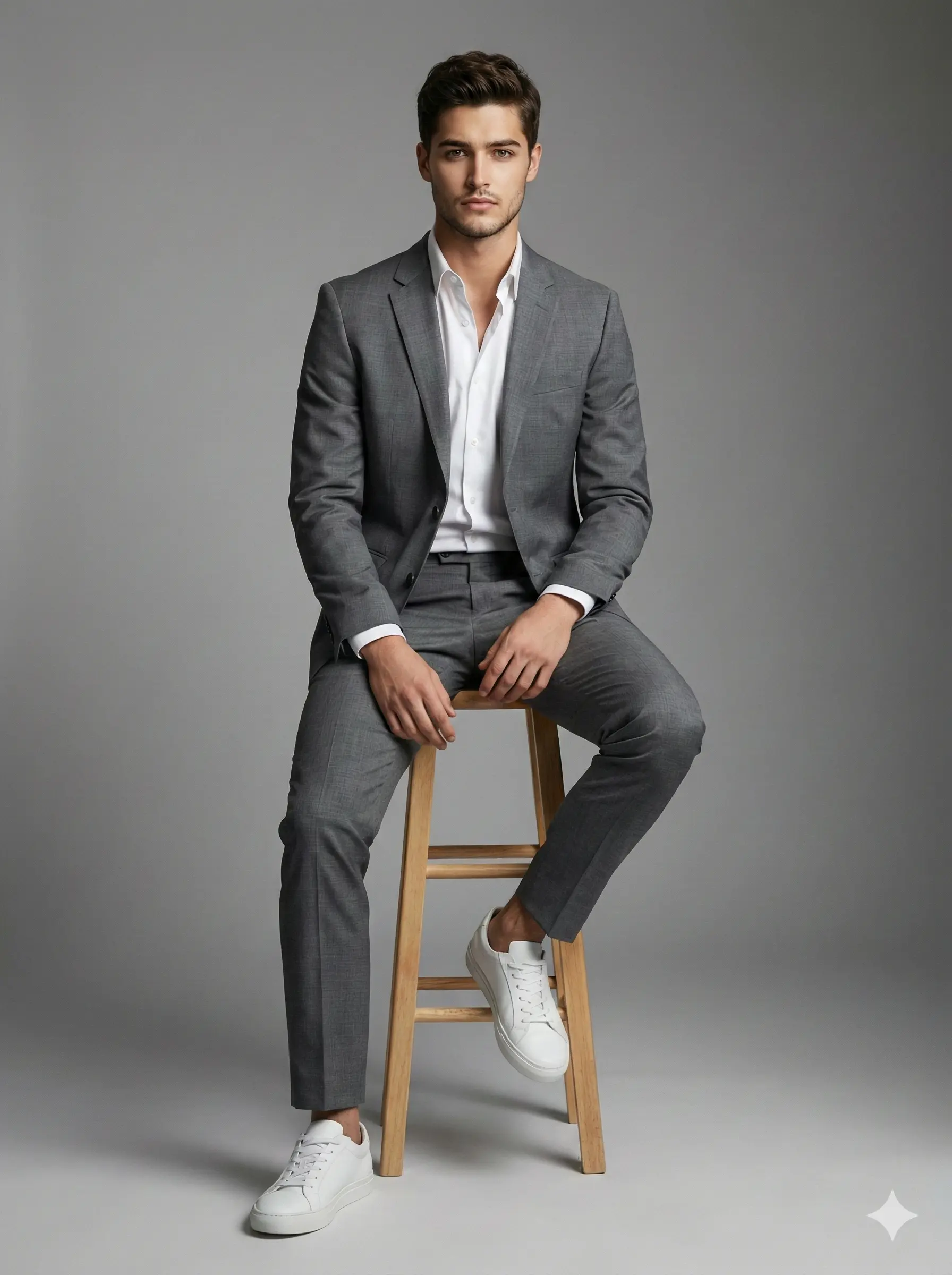 Male model in a tailored grey suit and white sneakers sits on a wooden stool. Minimalist studio photography with a clean grey backdrop and soft, professional lighting.