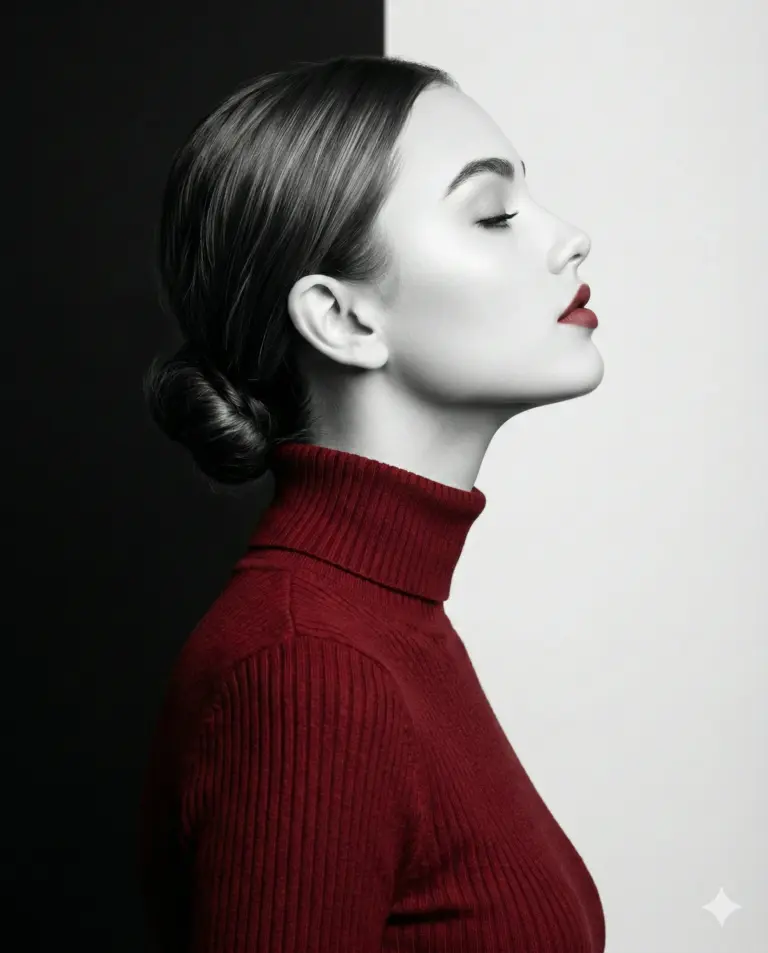Woman in Red Turtleneck AI Photo Editing Prompt. AI generated studio portrait of a woman's profile featuring a red turtleneck and red lips against a split black and white background.