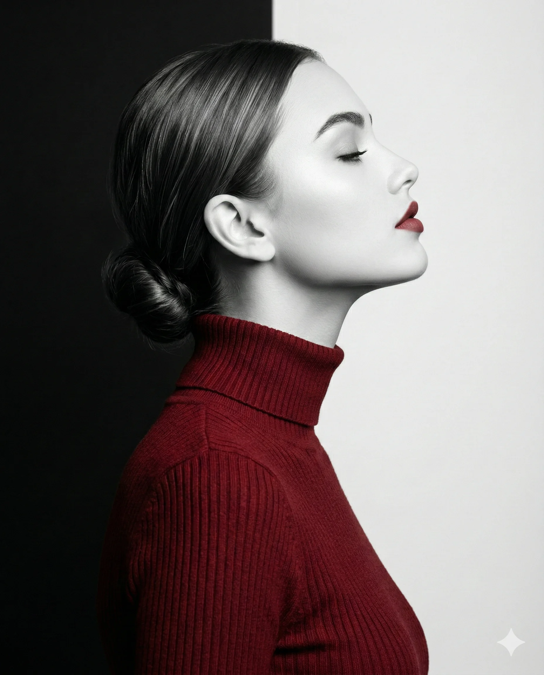 Woman in Red Turtleneck AI Photo Editing Prompt. AI generated studio portrait of a woman's profile featuring a red turtleneck and red lips against a split black and white background.