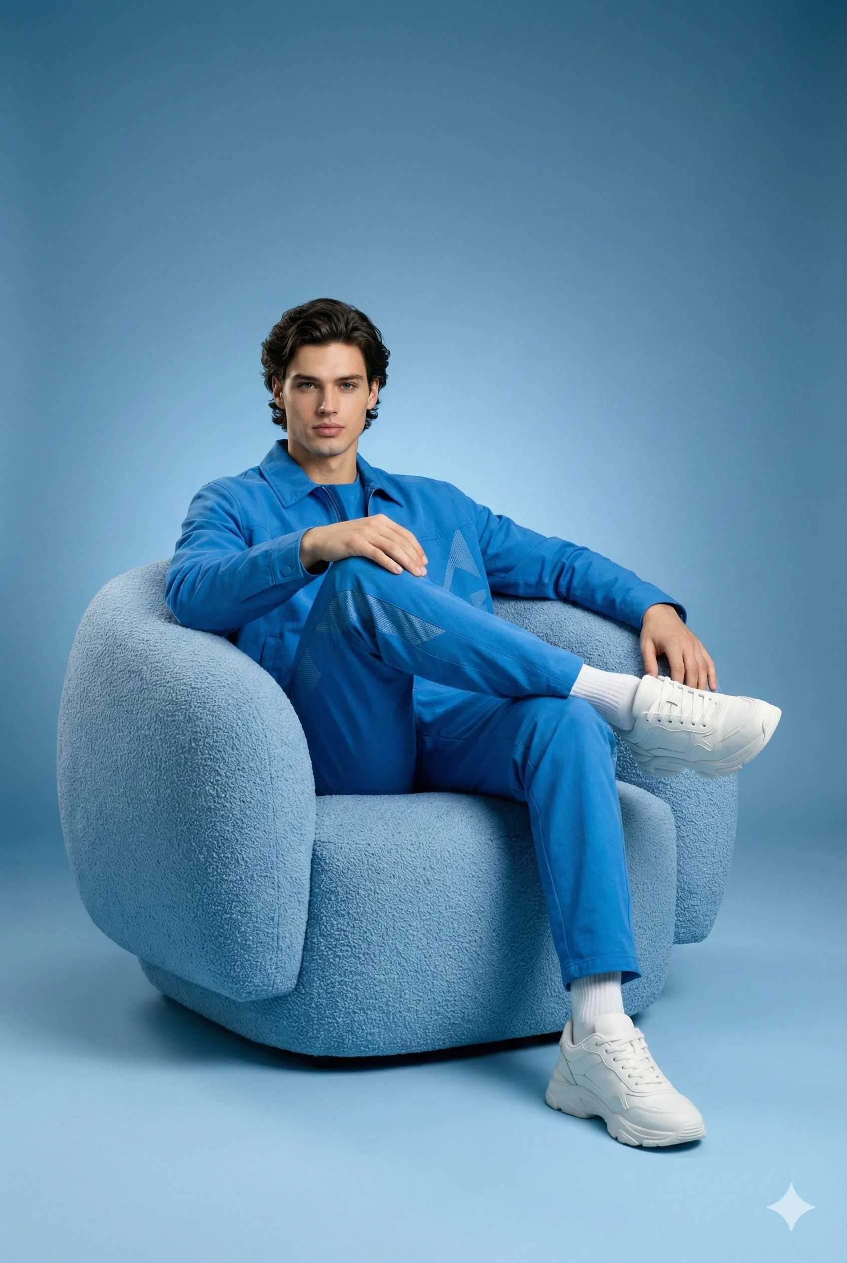 Man in a monochrome blue outfit and white sneakers sits in a plush, light blue textured armchair against a matching blue studio backdrop.