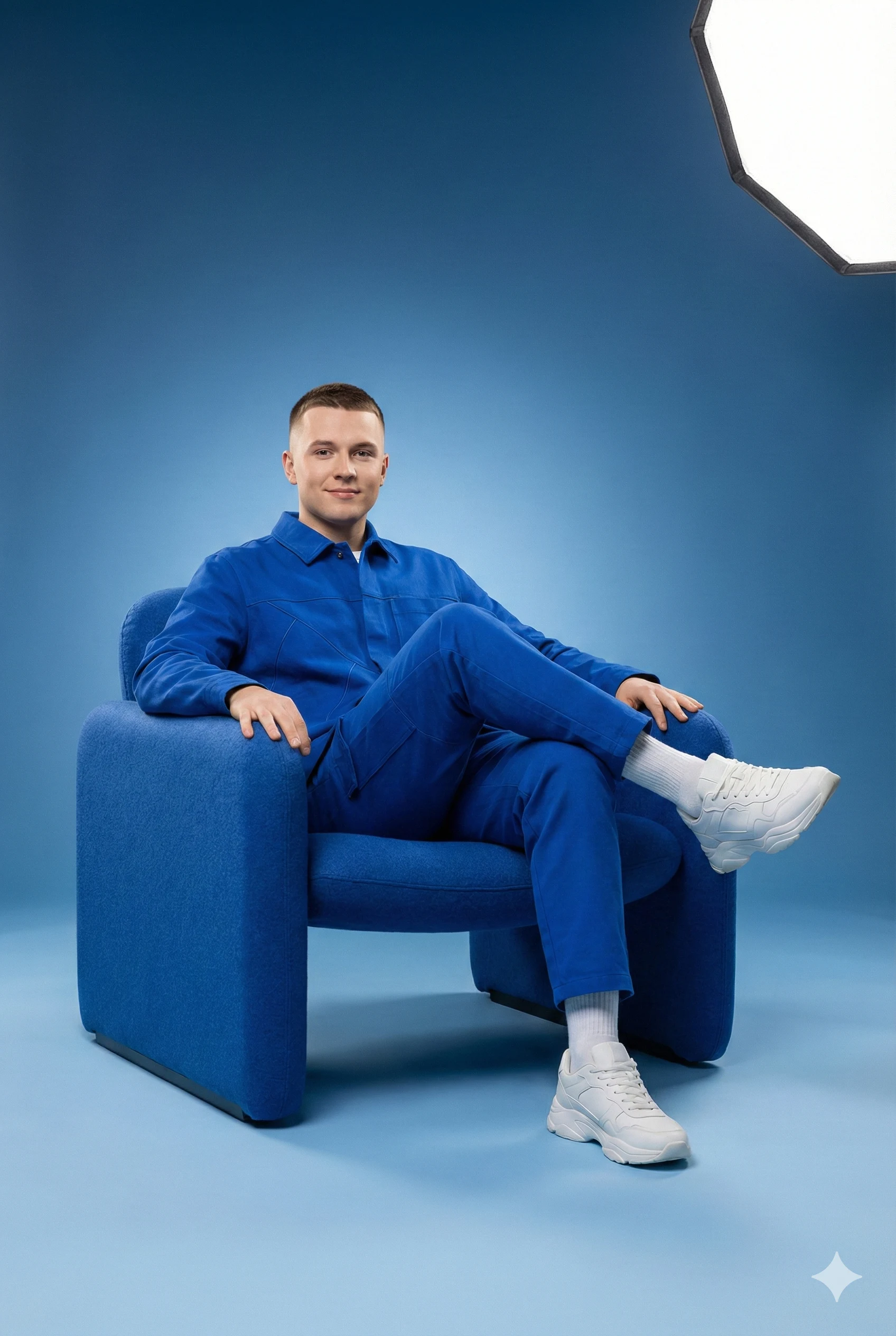 Man in a royal blue monochrome outfit sitting in a matching armchair. Features white sneakers, a blue studio backdrop, and a softbox. Clean, modern editorial style.