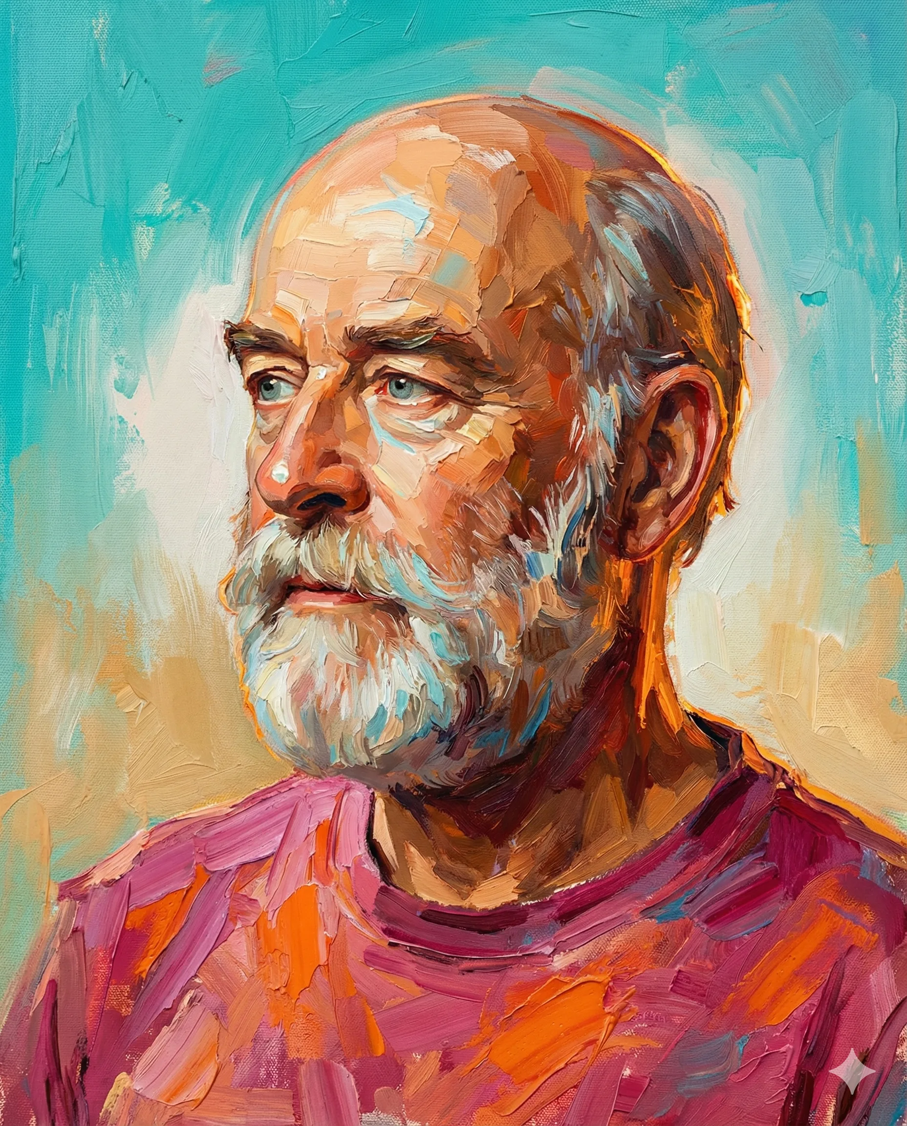 Vibrant impasto portrait of a bearded man. Thick, bold brushstrokes in warm skin tones and a pink shirt contrast with a textured turquoise background.