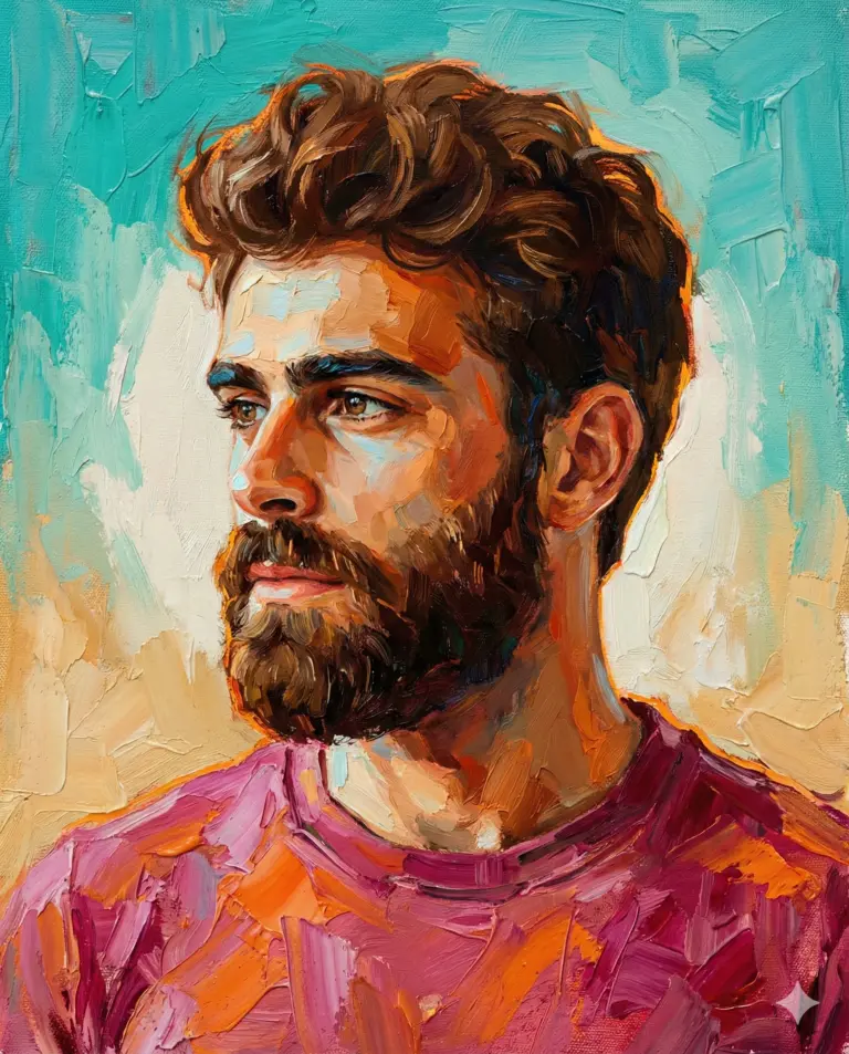ide profile oil painting of a man with a beard and curly hair, created with thick impasto brushstrokes in shades of orange, teal, and magenta.