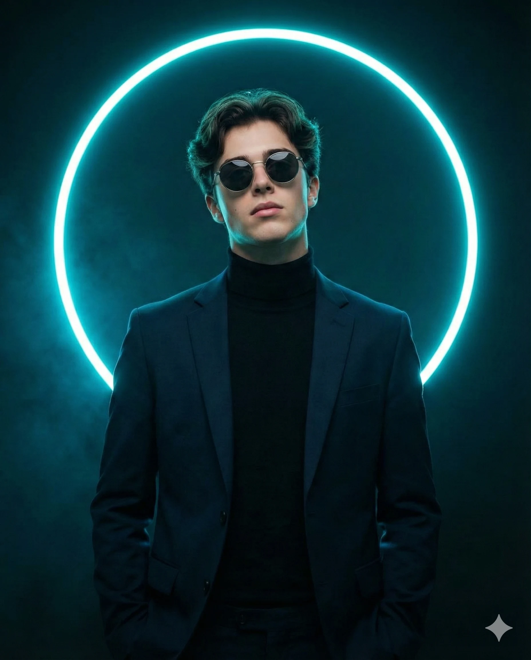 Cinematic portrait of a man in a blazer and sunglasses, framed by a vibrant cyan neon ring. Set against a dark, smoky backdrop with sharp, professional studio lighting.