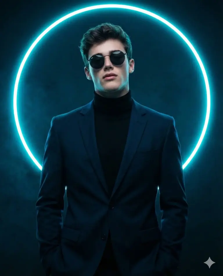 A stylish young man in sunglasses and a dark blazer stands before a large, glowing cyan neon circle in a dark, smoky background.
