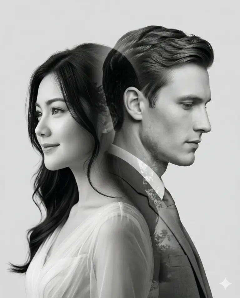 Double Exposure Couple Portrait AI Photo Editing Prompt. AI generated artistic digital portrait of a man and woman standing back-to-back in a black and white double exposure style featuring nature silhouettes.