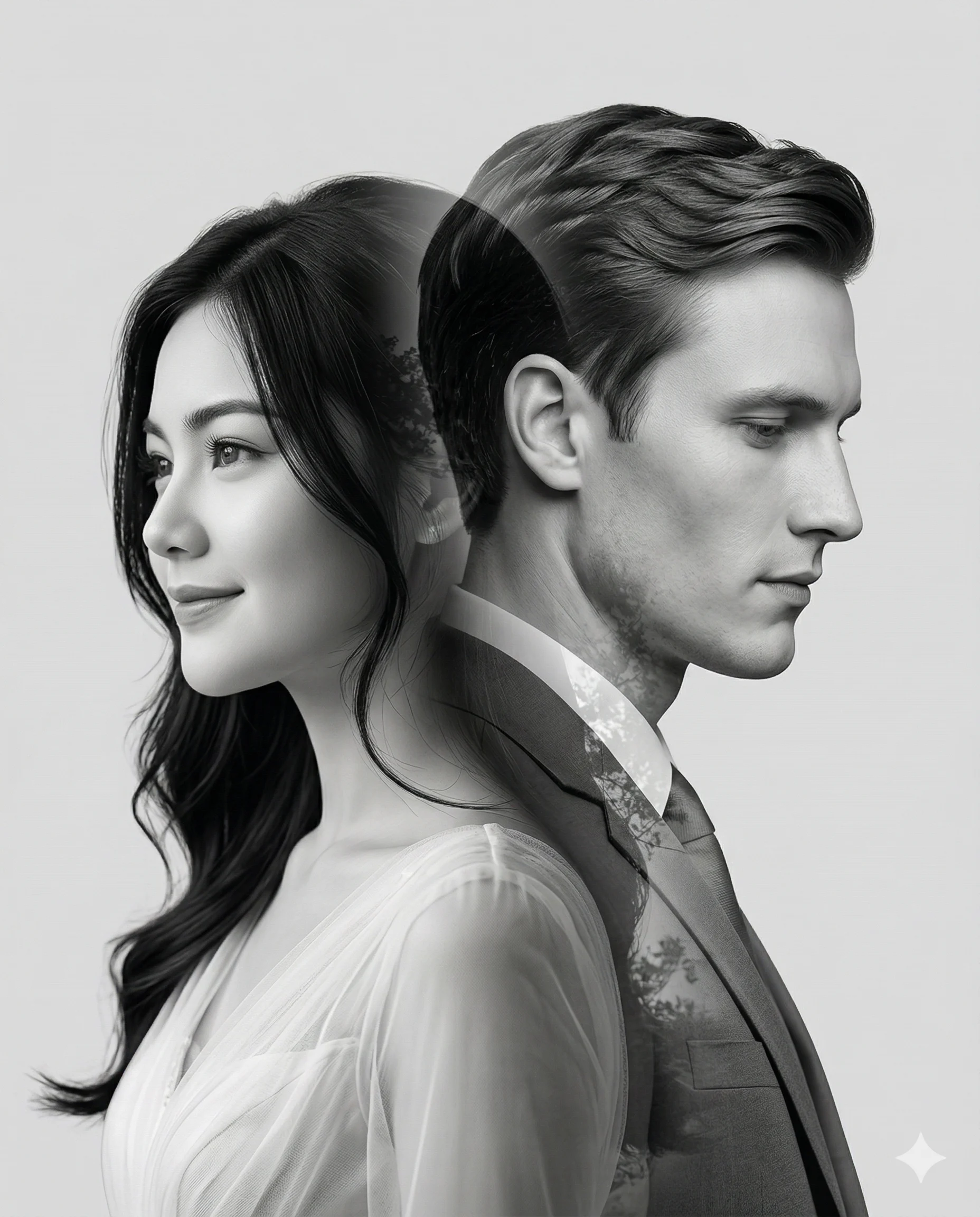 Double Exposure Couple Portrait AI Photo Editing Prompt. AI generated artistic digital portrait of a man and woman standing back-to-back in a black and white double exposure style featuring nature silhouettes.