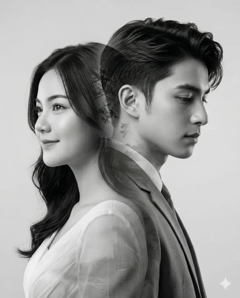 AI generated monochrome double exposure portrait of a man and woman standing back-to-back with a serene forest landscape layered over their profiles.