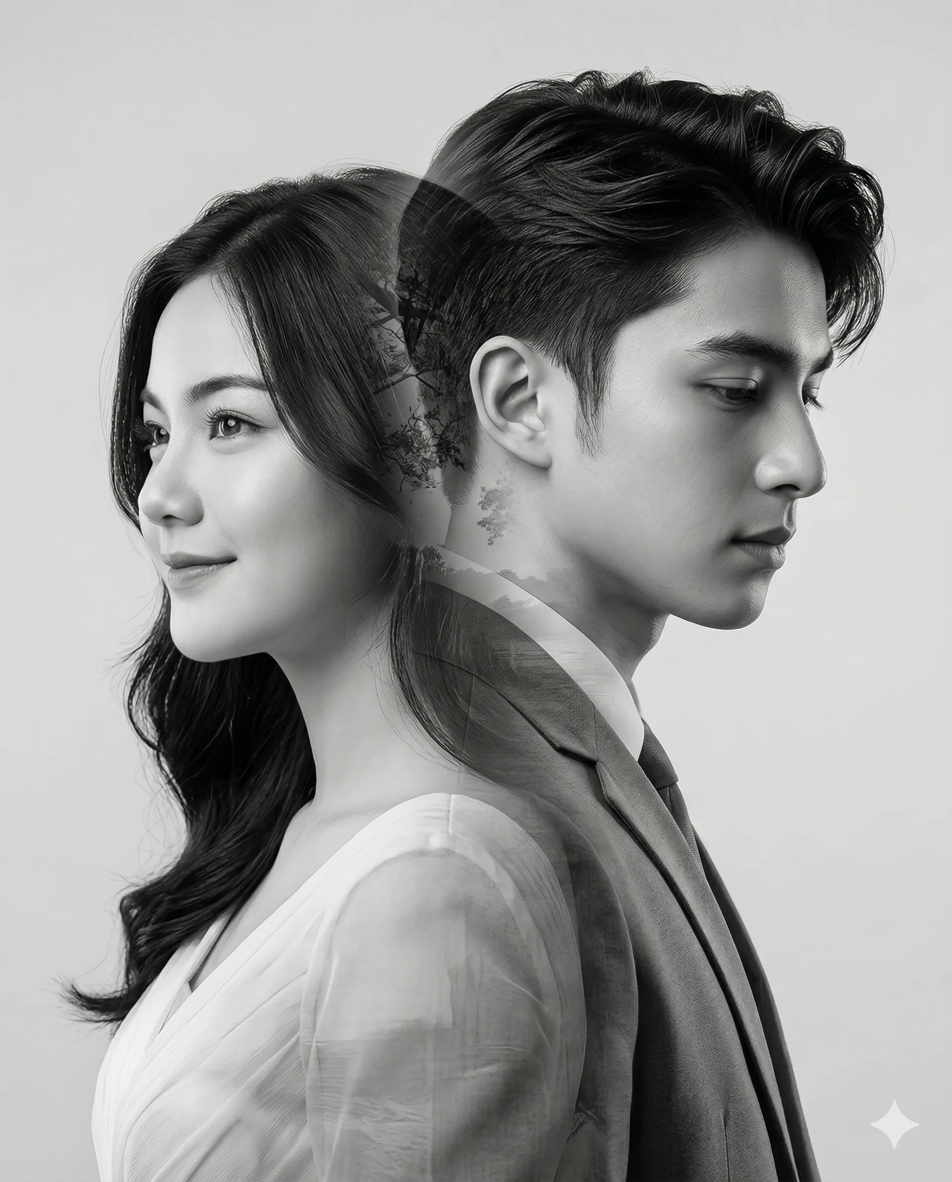 AI generated monochrome double exposure portrait of a man and woman standing back-to-back with a serene forest landscape layered over their profiles.