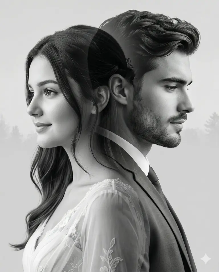 Monochrome Couple Double Exposure Portrait Prompt. AI generated double exposure portrait of a man in a suit and a woman in a lace dress looking in opposite directions in black and white.