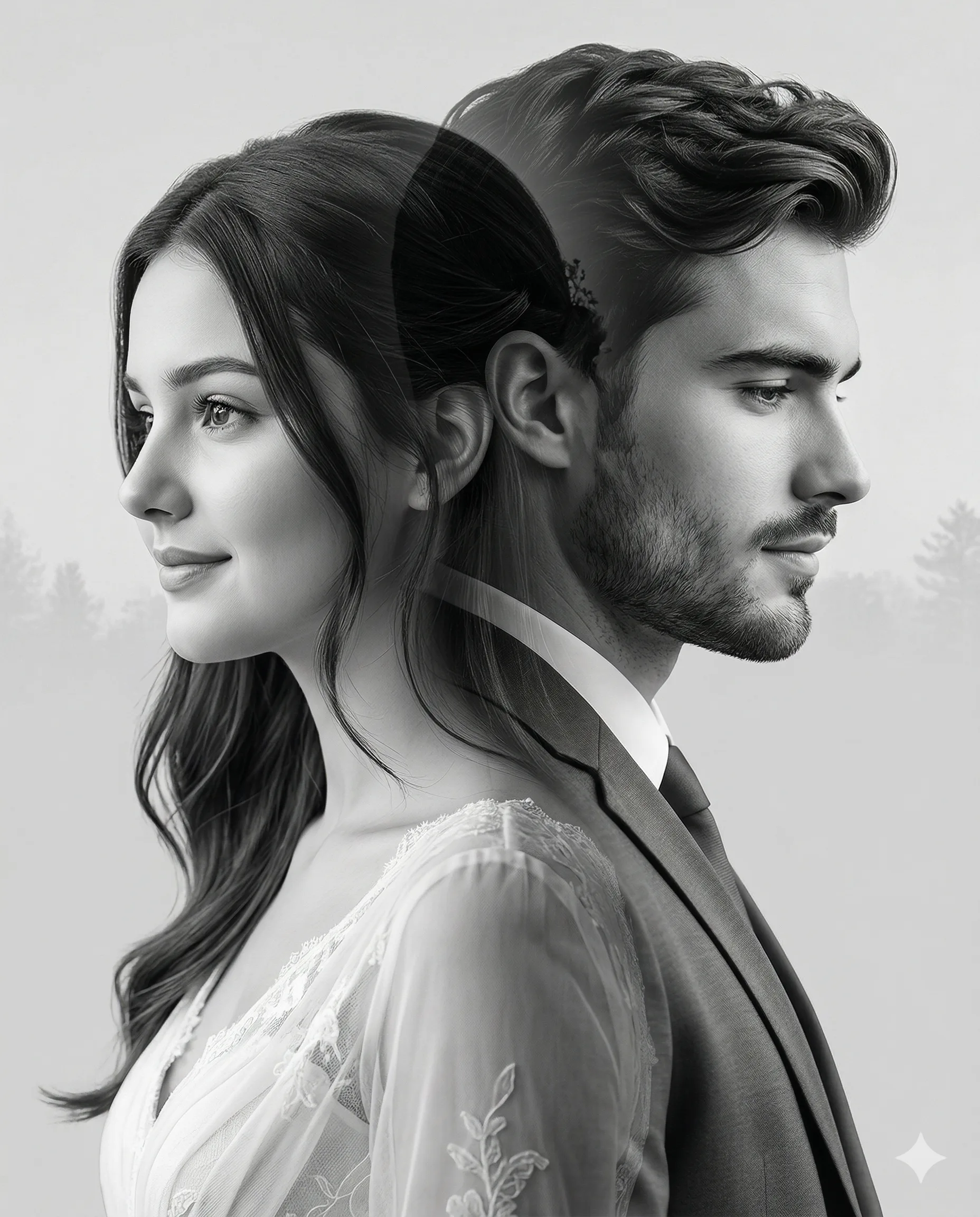Monochrome Couple Double Exposure Portrait Prompt. AI generated double exposure portrait of a man in a suit and a woman in a lace dress looking in opposite directions in black and white.