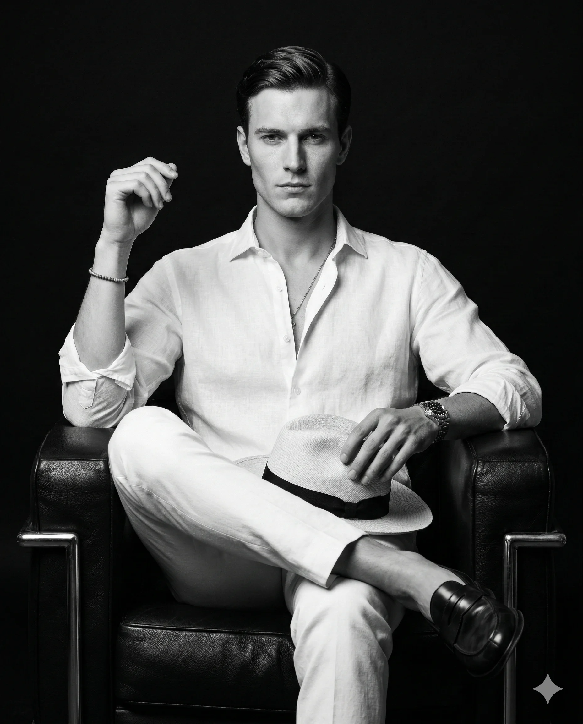 Man in White Linen on Leather Chair AI Photo Editing Prompt. AI generated monochrome studio portrait of a man in white linen clothing sitting in a black leather armchair while holding a straw hat.