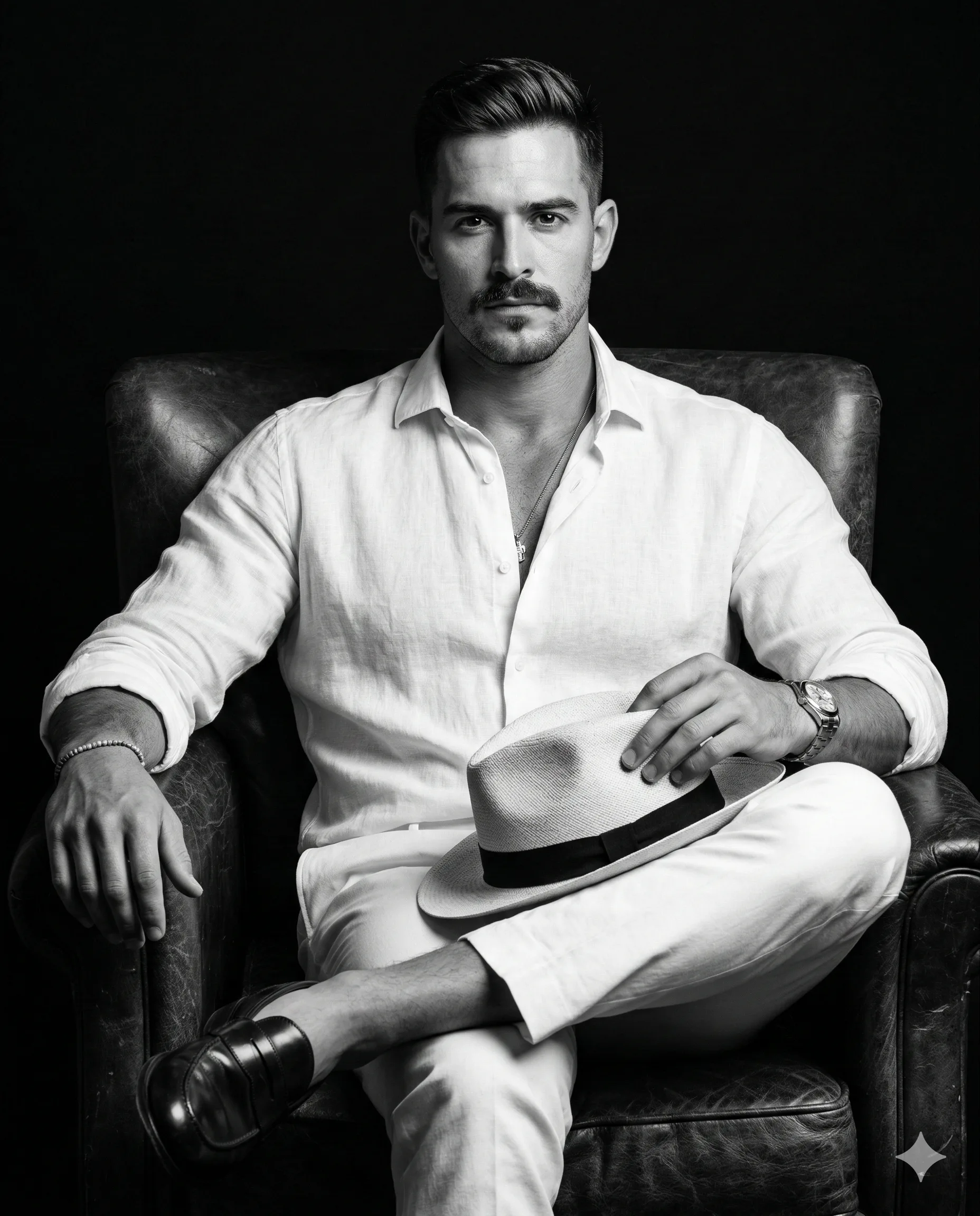 Man in White Linen on Leather Chair AI Photo Editing Prompt. AI generated monochrome portrait of a man with a mustache in a white linen outfit sitting on a leather armchair and holding a fedora.
