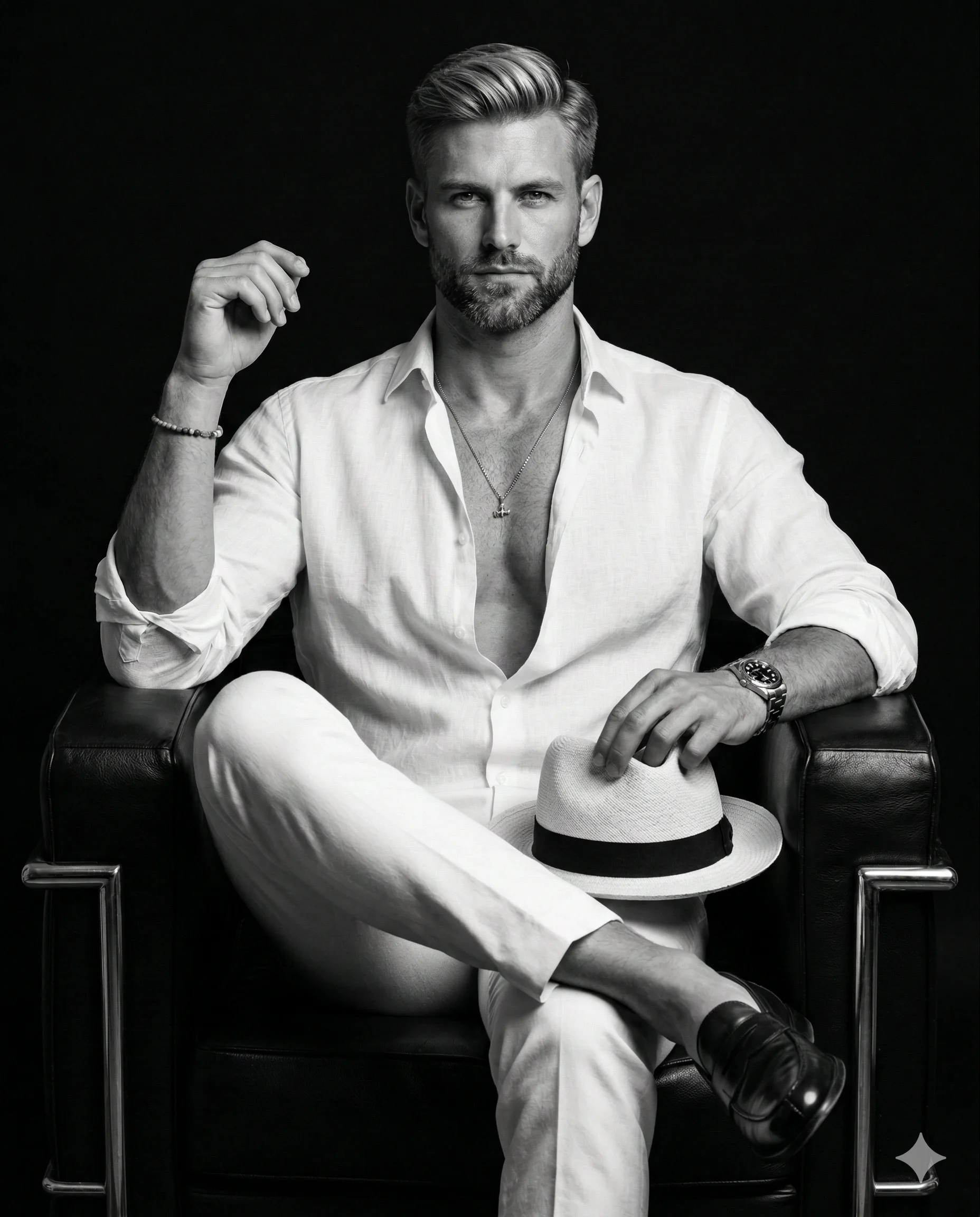 Man in White Linen on Leather Chair AI Photo Editing Prompt. AI generated monochrome studio portrait of a stylish bearded man in an open white linen shirt and trousers sitting on a black leather armchair while holding a fedora.