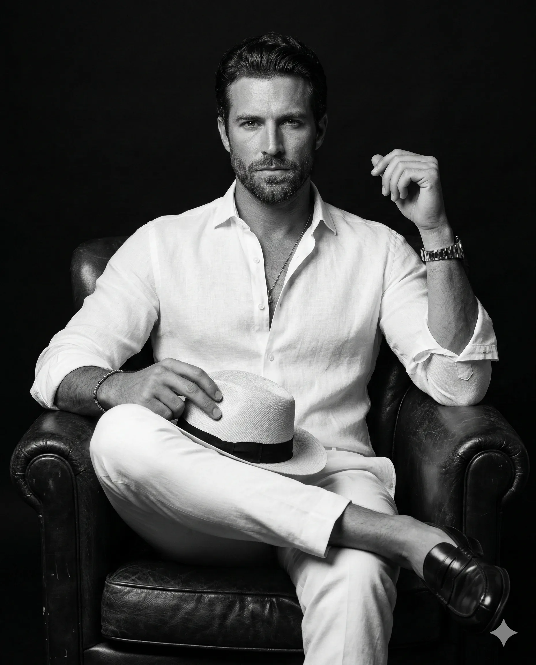 Man in White Linen on Leather Chair AI Photo Editing Prompt. AI generated monochrome studio portrait of a man in white linen attire sitting in a leather armchair and holding a fedora.